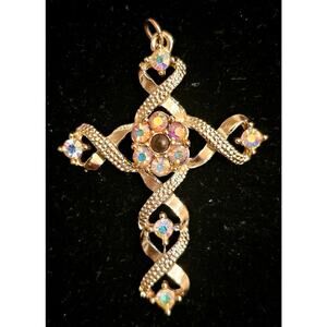 Vintage Aurora Borealis AB Crystal Rhinestone Gold Tone Cross Pendant